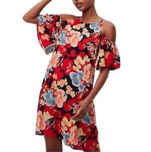 Ann Taylor LOFT Red Tropical Floral Print Cold Shoulder Swing Dress Size Small